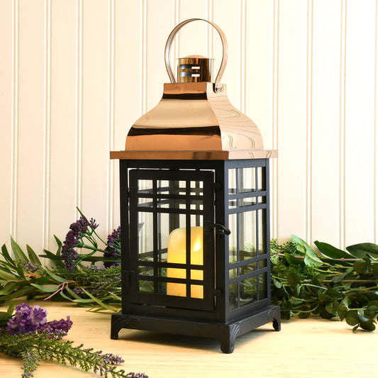 Metal Lantern with Moving Flame LED Candle - Black with Copper Roof