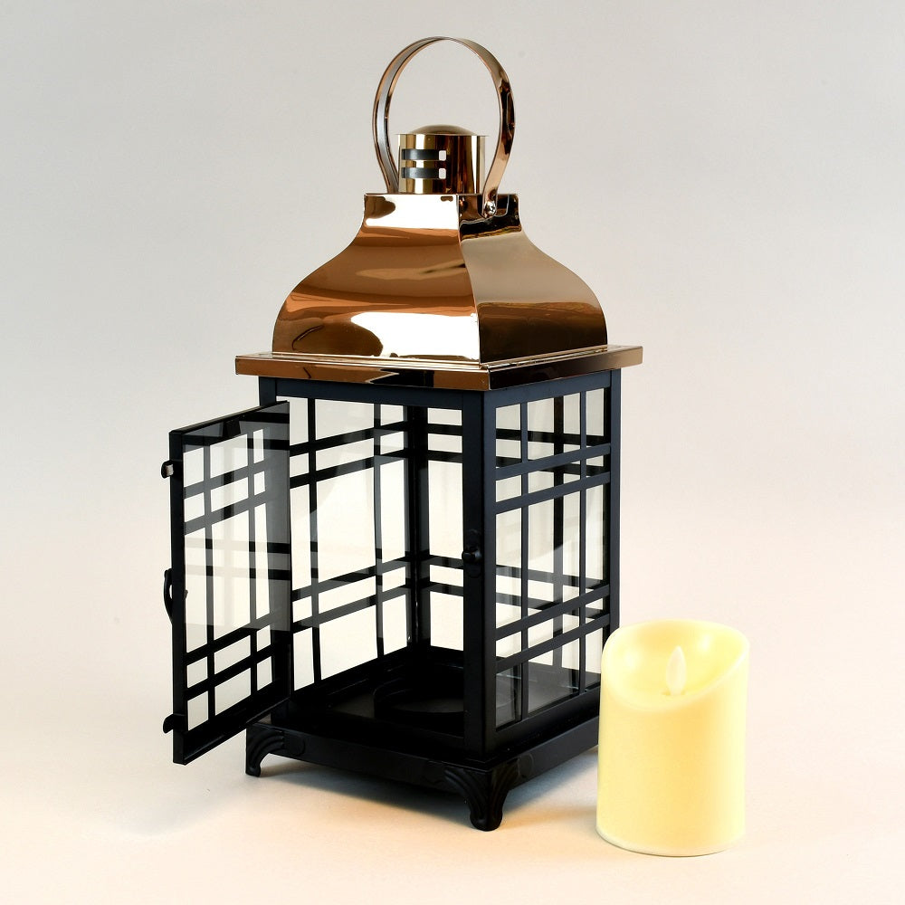 Metal Lantern with LED Motion Flame Candle - Black with Copper Roof