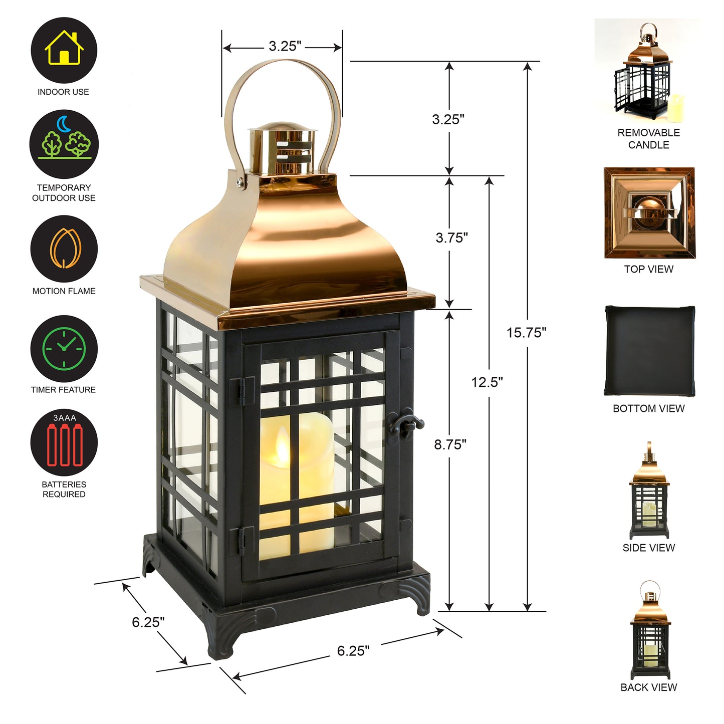 Metal Lantern with LED Motion Flame Candle - Black with Copper Roof