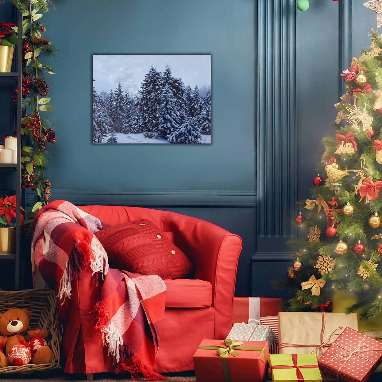 Decorated living room with a red armchair, Christmas tree, and presents.