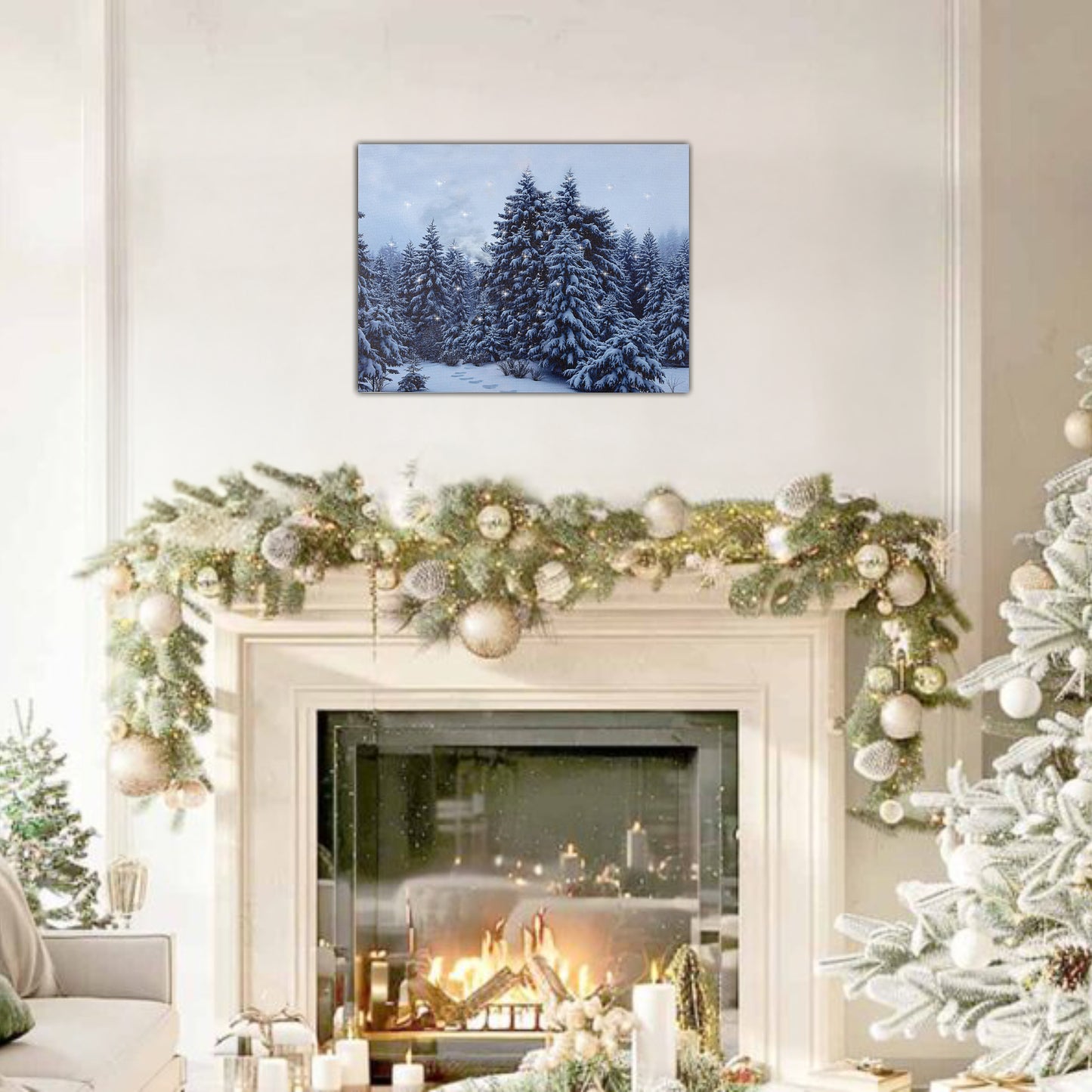 Fireplace decorated with Christmas garland and wall art canvas of snowy forest.