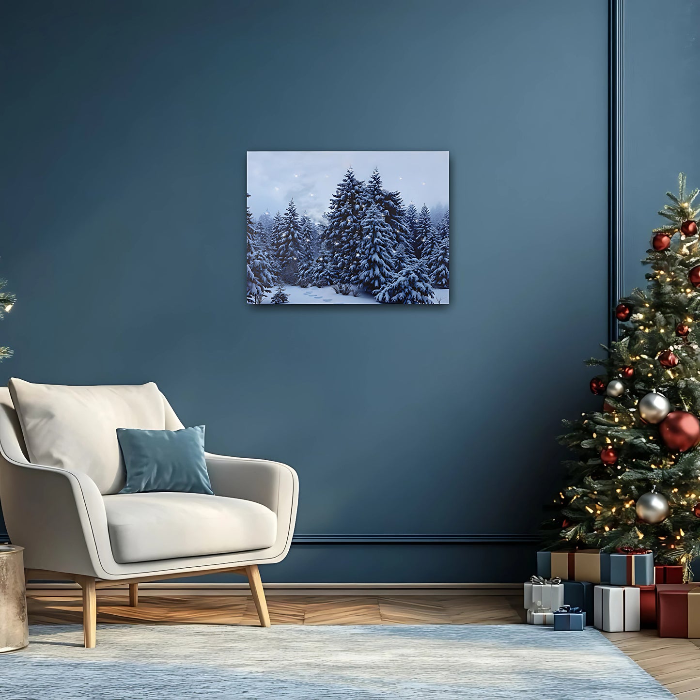 Living room with a Christmas tree, armchair, and snowy landscape canvas print on a blue wall.