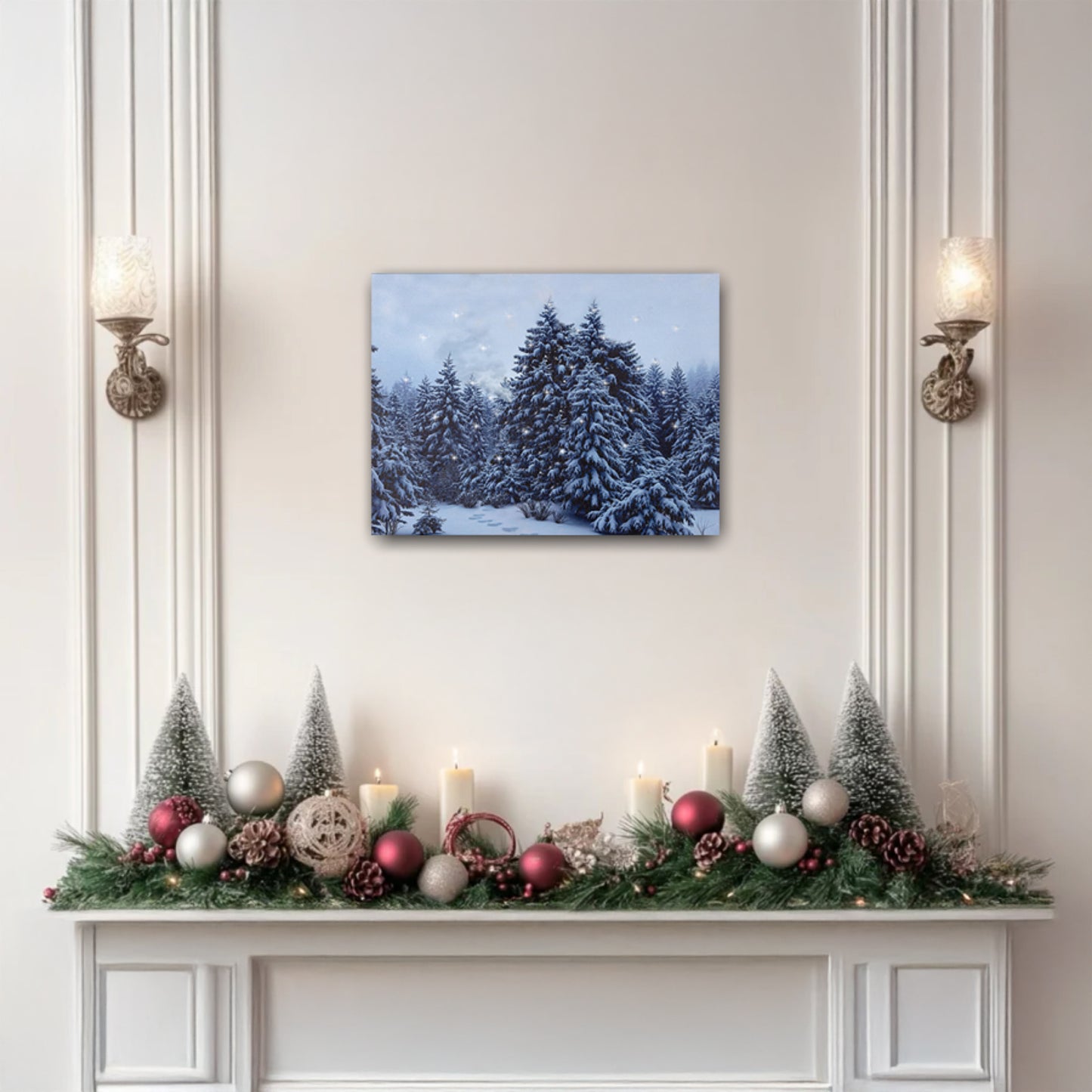 Decorative Christmas mantel with festive decorations against a wall with a snowy landscape print.