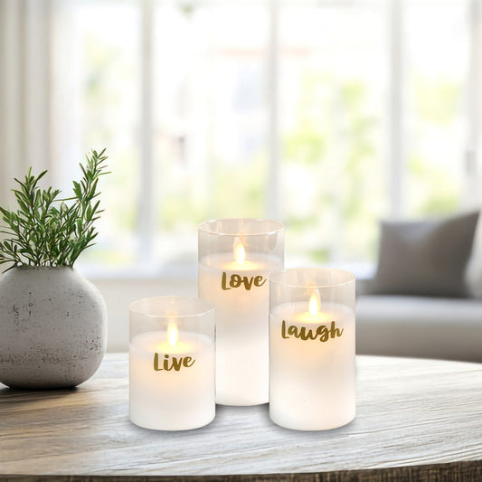 Battery Operated LED Glass Candles with Flickering Flame, Live Laugh Love - Set of 3
