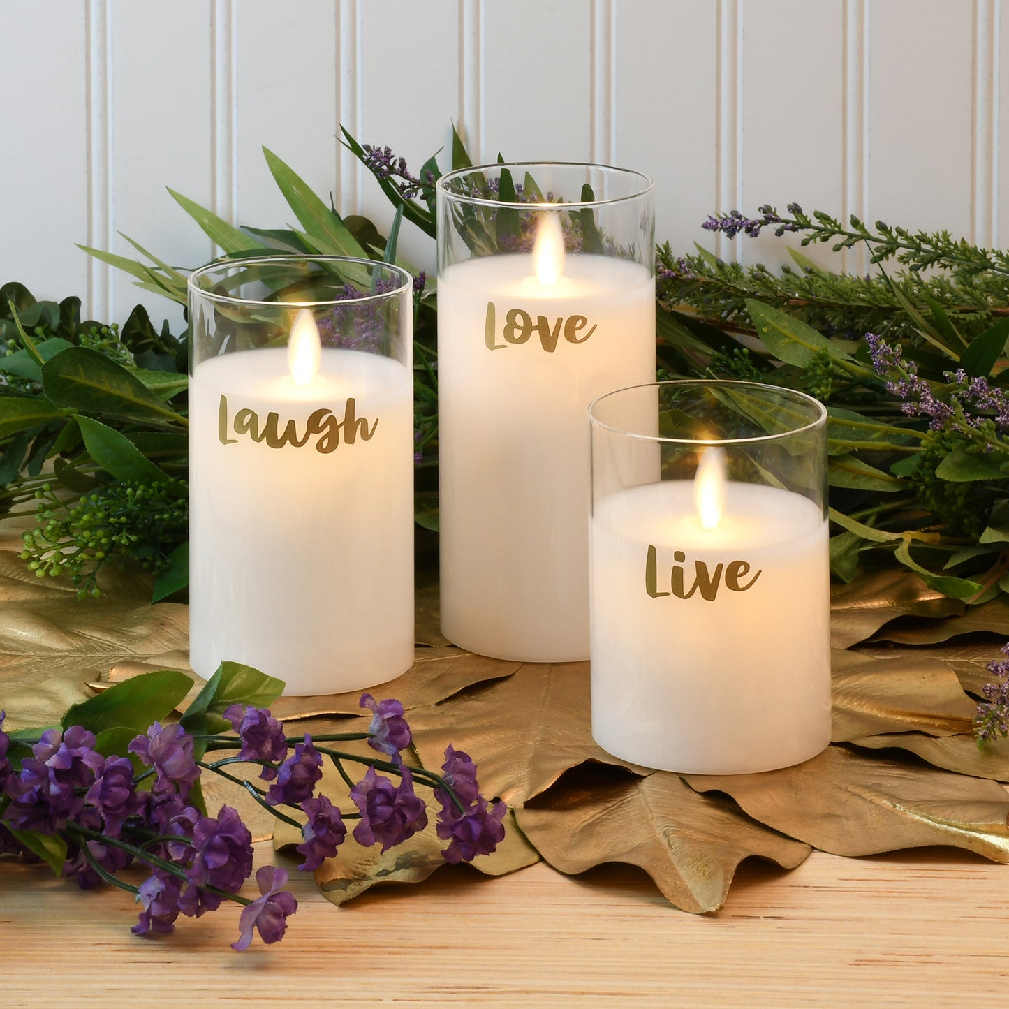 Battery Operated LED Glass Candles with Flickering Flame, Live Laugh Love - Set of 3