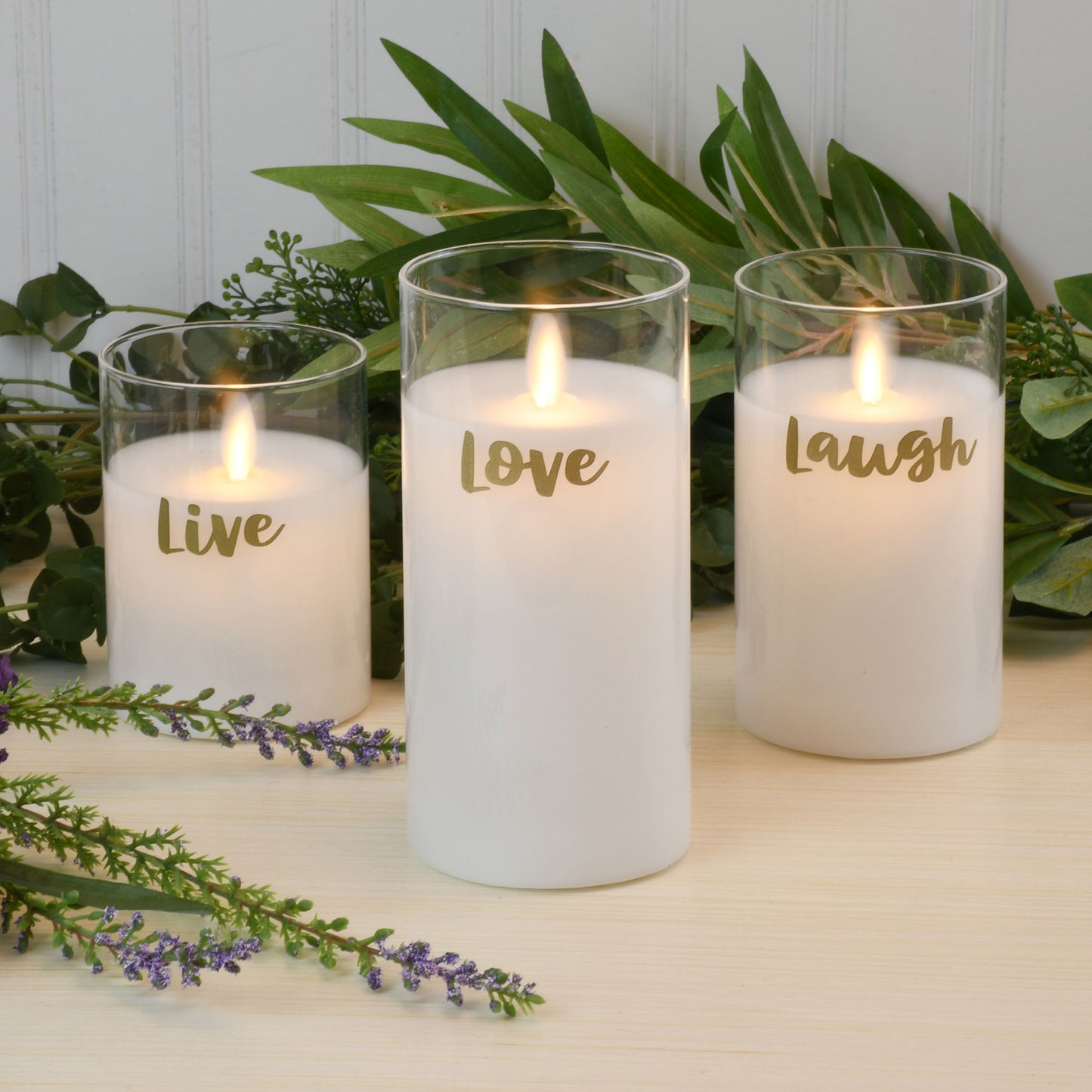 Battery Operated LED Glass Candles with Flickering Flame, Live Laugh Love - Set of 3