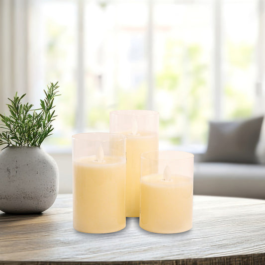 Battery Operated Glass Hurricane LED Candles with Flickering Flame - Set of 3