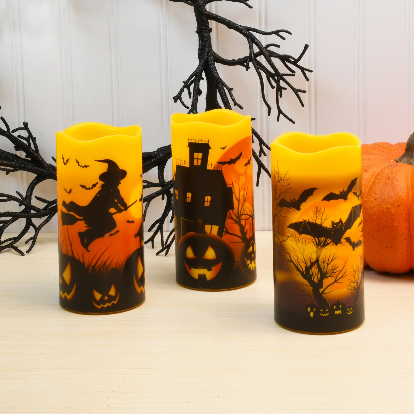 Battery Operated LED Wax Candles, Halloween - Set of 3