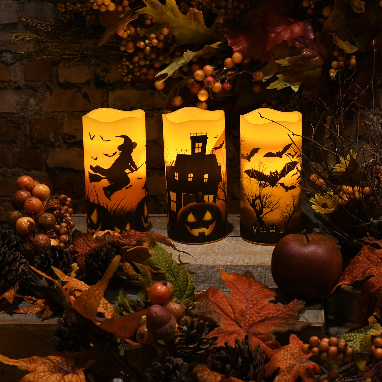 Battery Operated LED Wax Candles, Halloween - Set of 3