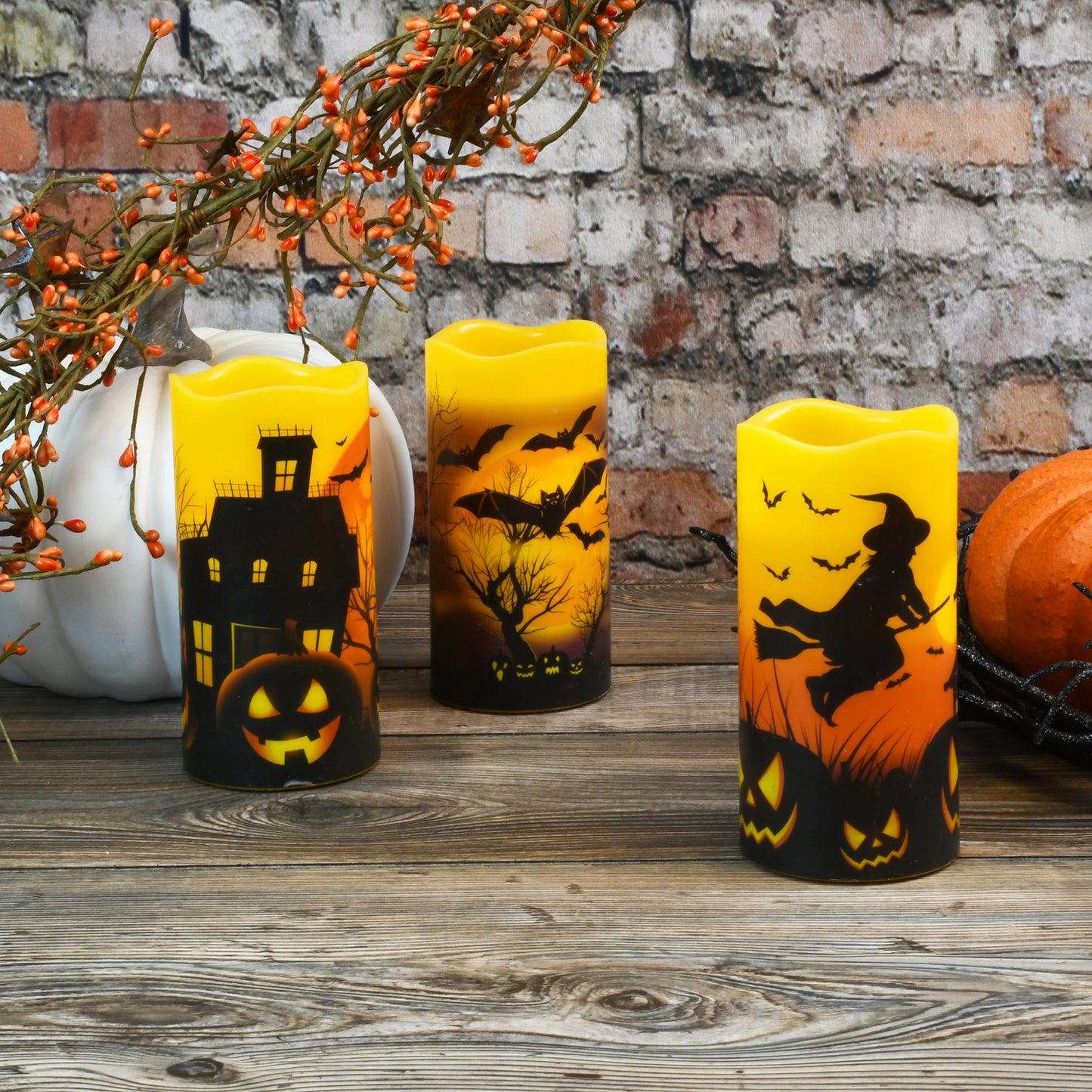 Battery Operated LED Wax Candles, Halloween - Set of 3