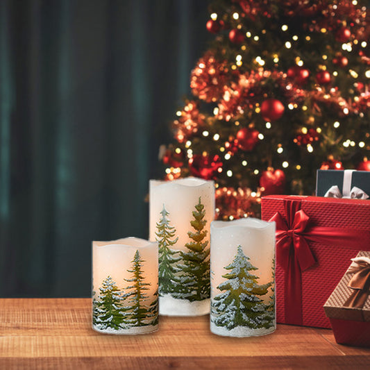 Battery-Operated LED Wax Candles, Green Pines - Set of 3