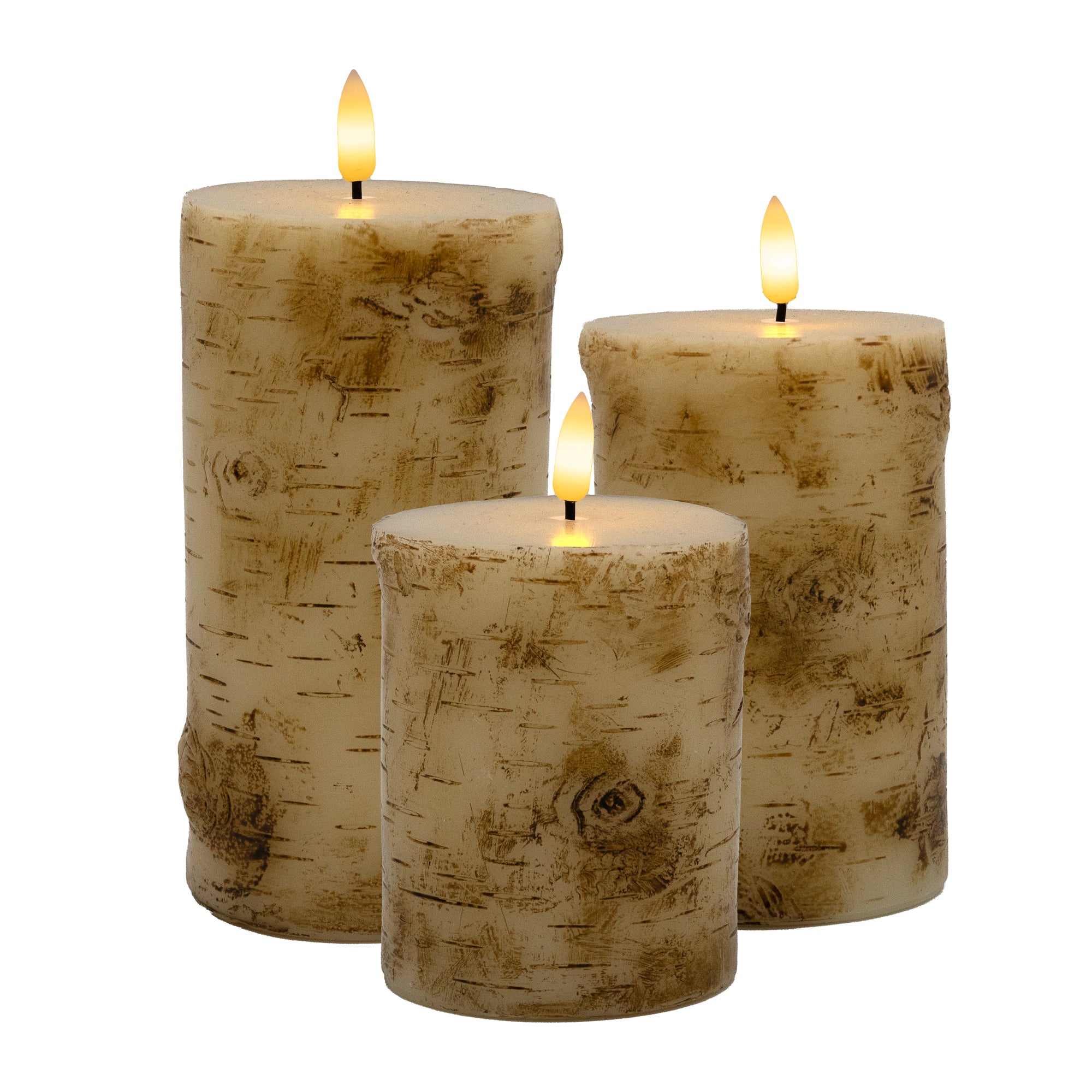 Battery Operated Birch Wood Pillar Candles Set of 3 LumaBase