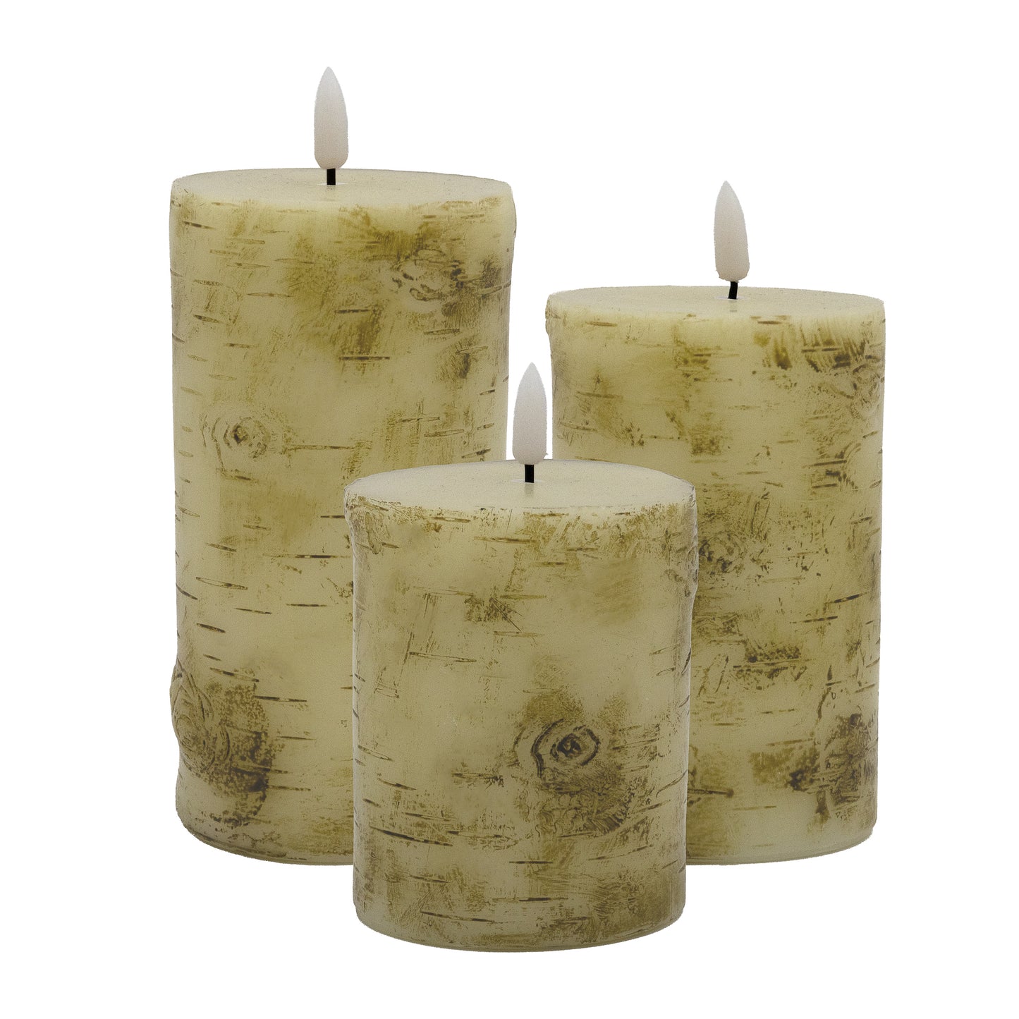 Battery Operated Birch Wood Pillar Candles - Set of 3