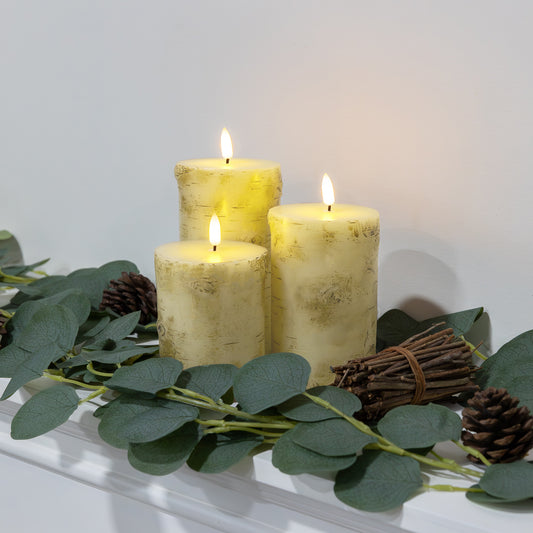 Battery Operated Birch Wood Pillar Candles - Set of 3