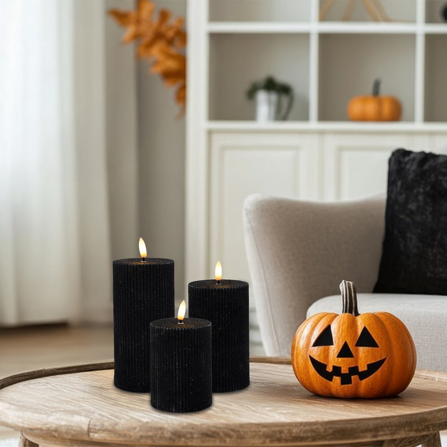 Battery Operated Black Fluted Pillar Candles - Set of 3