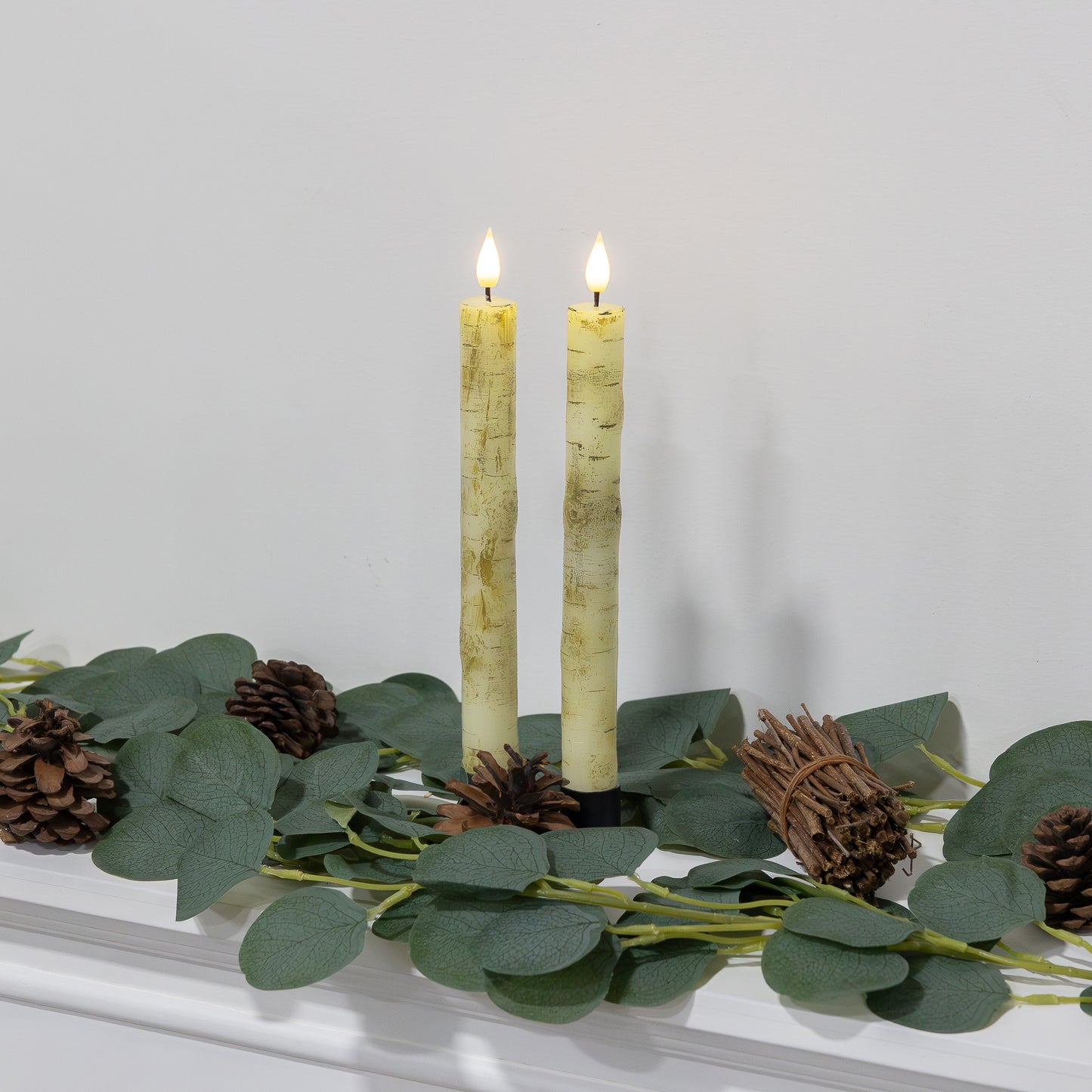Battery Operated Birch Wood Taper Candles - Set of 2