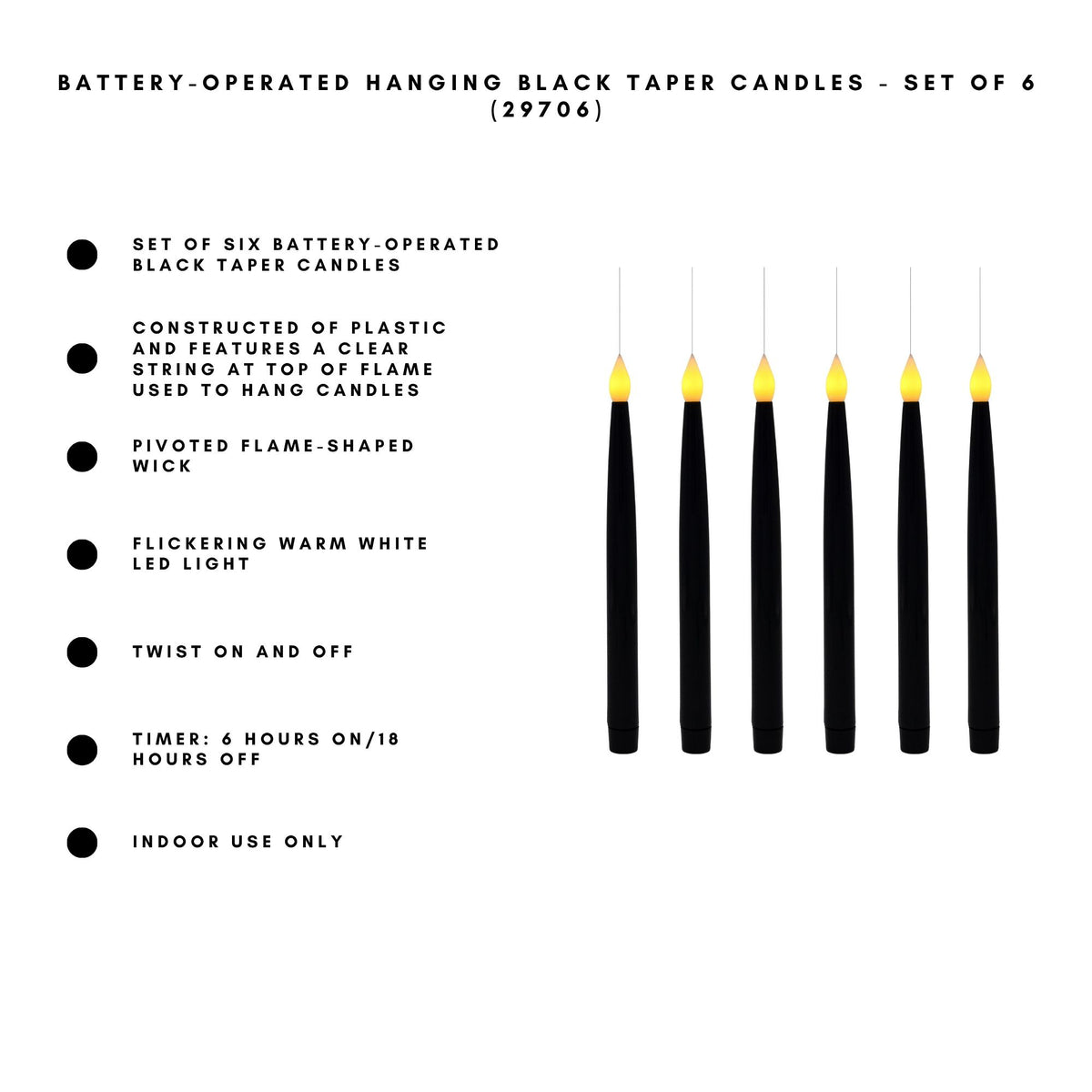 Battery-Operated Hanging Black Taper Candles - Set of 6