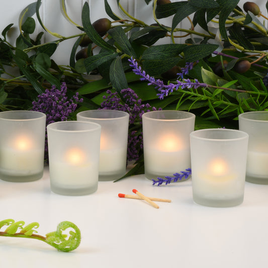 Votive Candles in Frosted Glass Holders - Set of 12