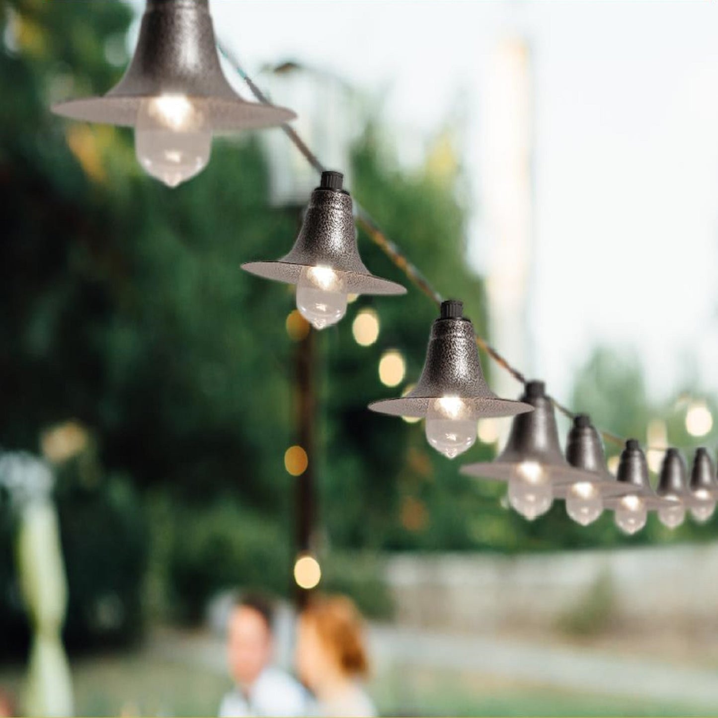 Electric Café String Lights with 10 Gun Metal Shades