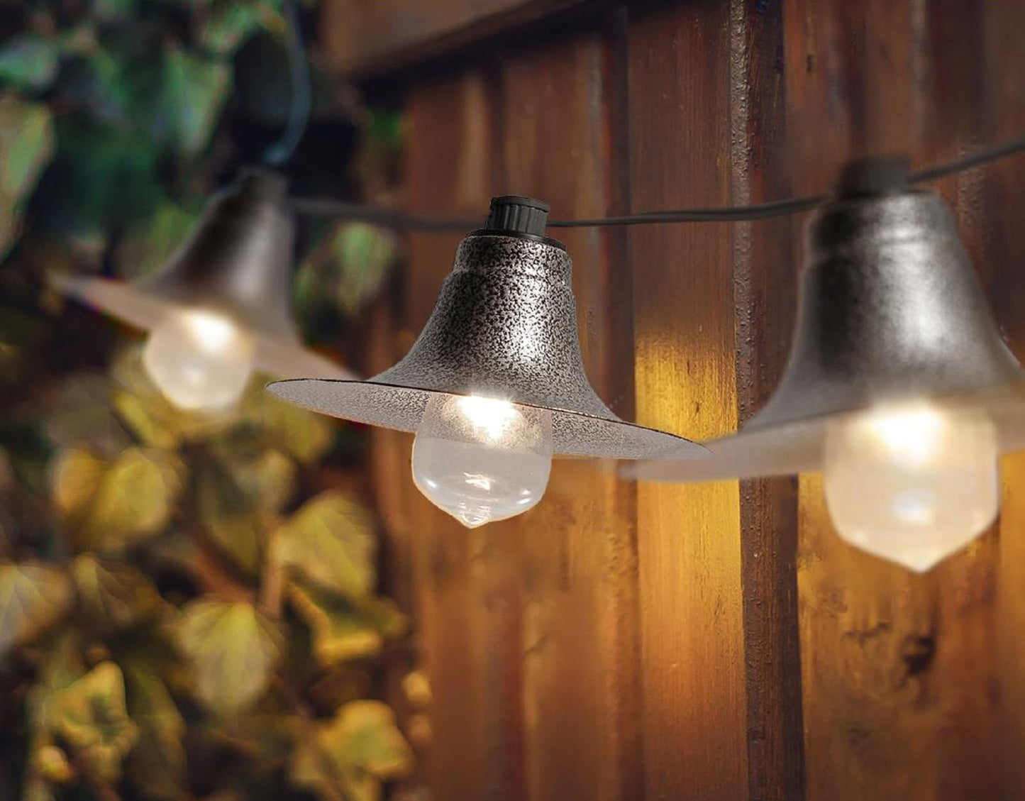 Electric Café String Lights with 10 Gun Metal Shades