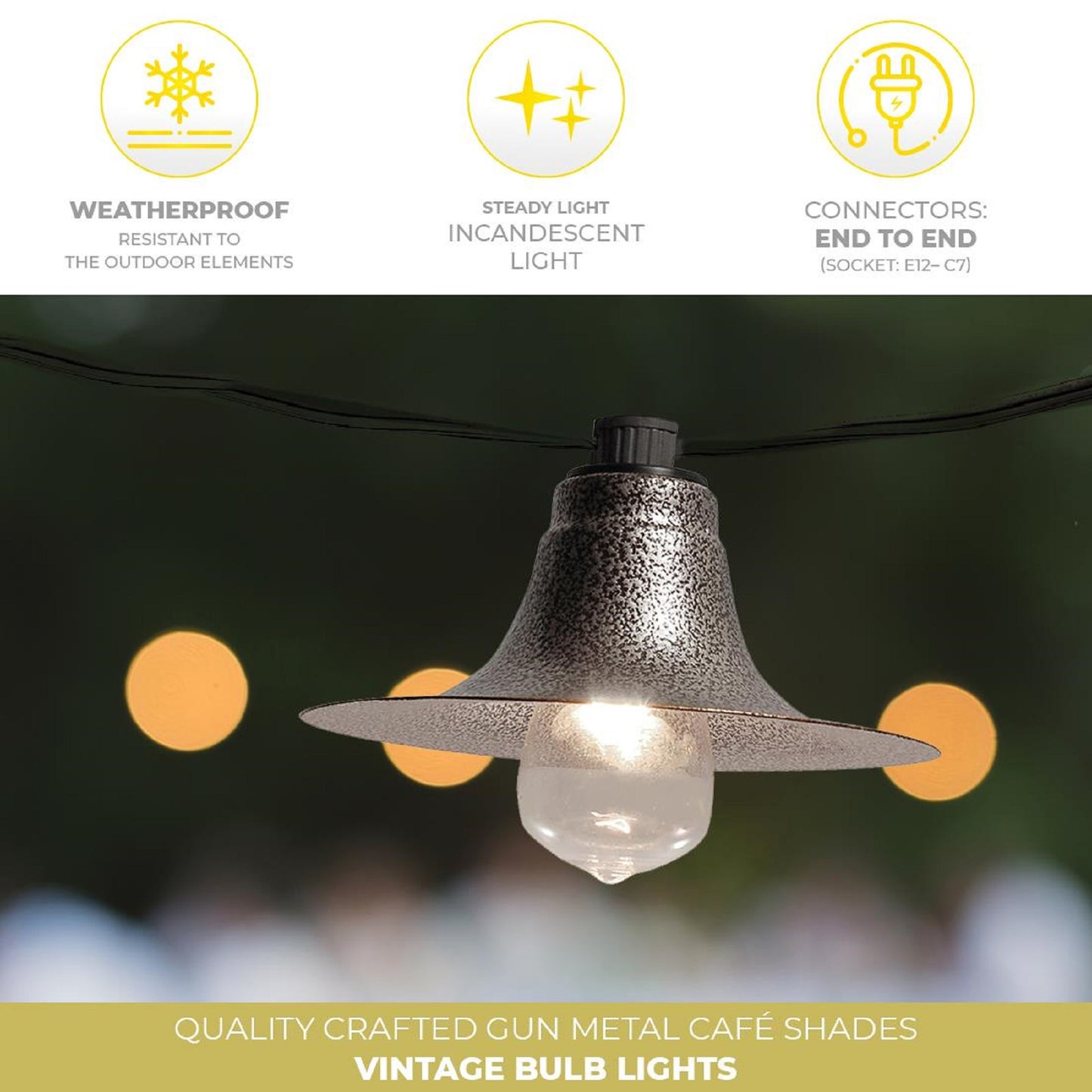 Electric Café String Lights with 10 Gun Metal Shades