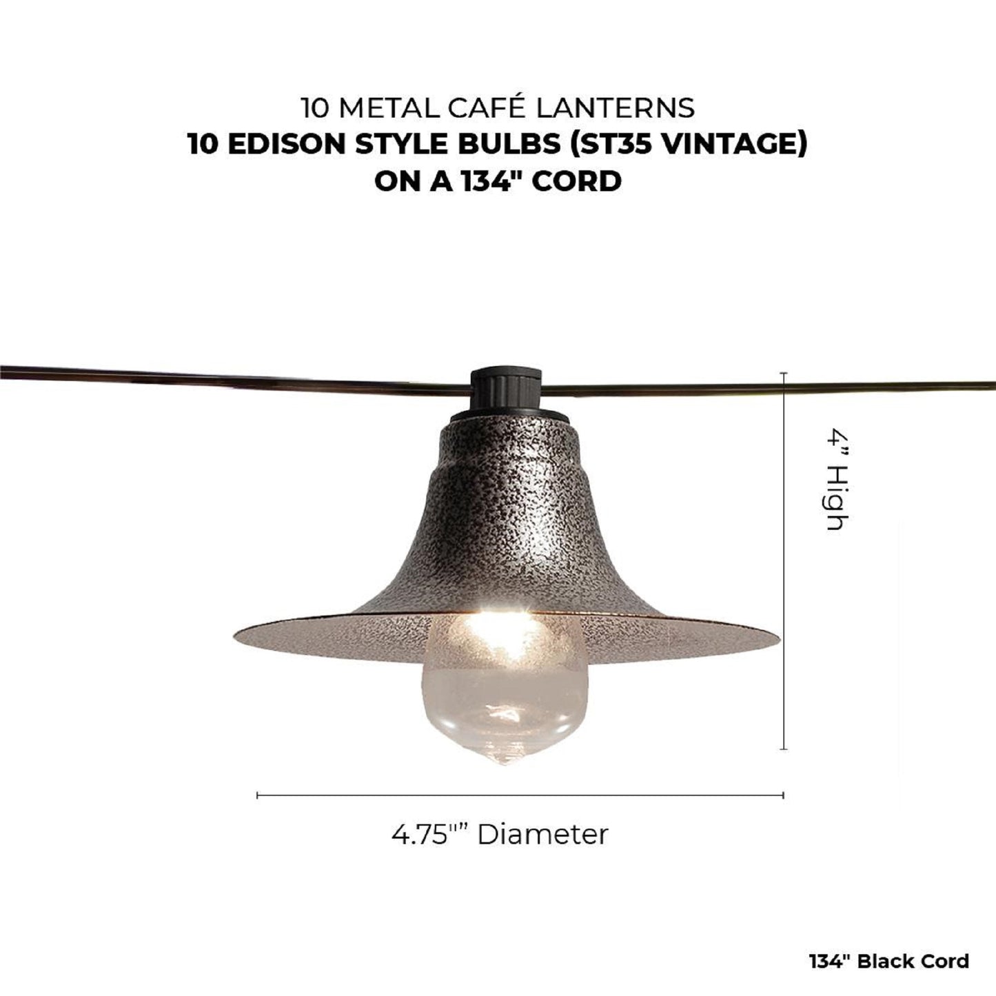 Electric Café String Lights with 10 Gun Metal Shades