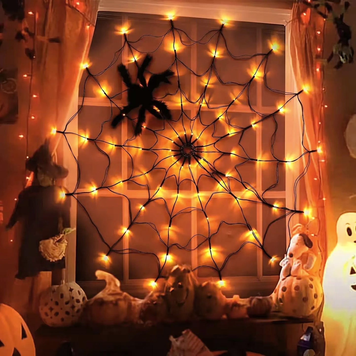 Electric Lighted Spider Web and Spider