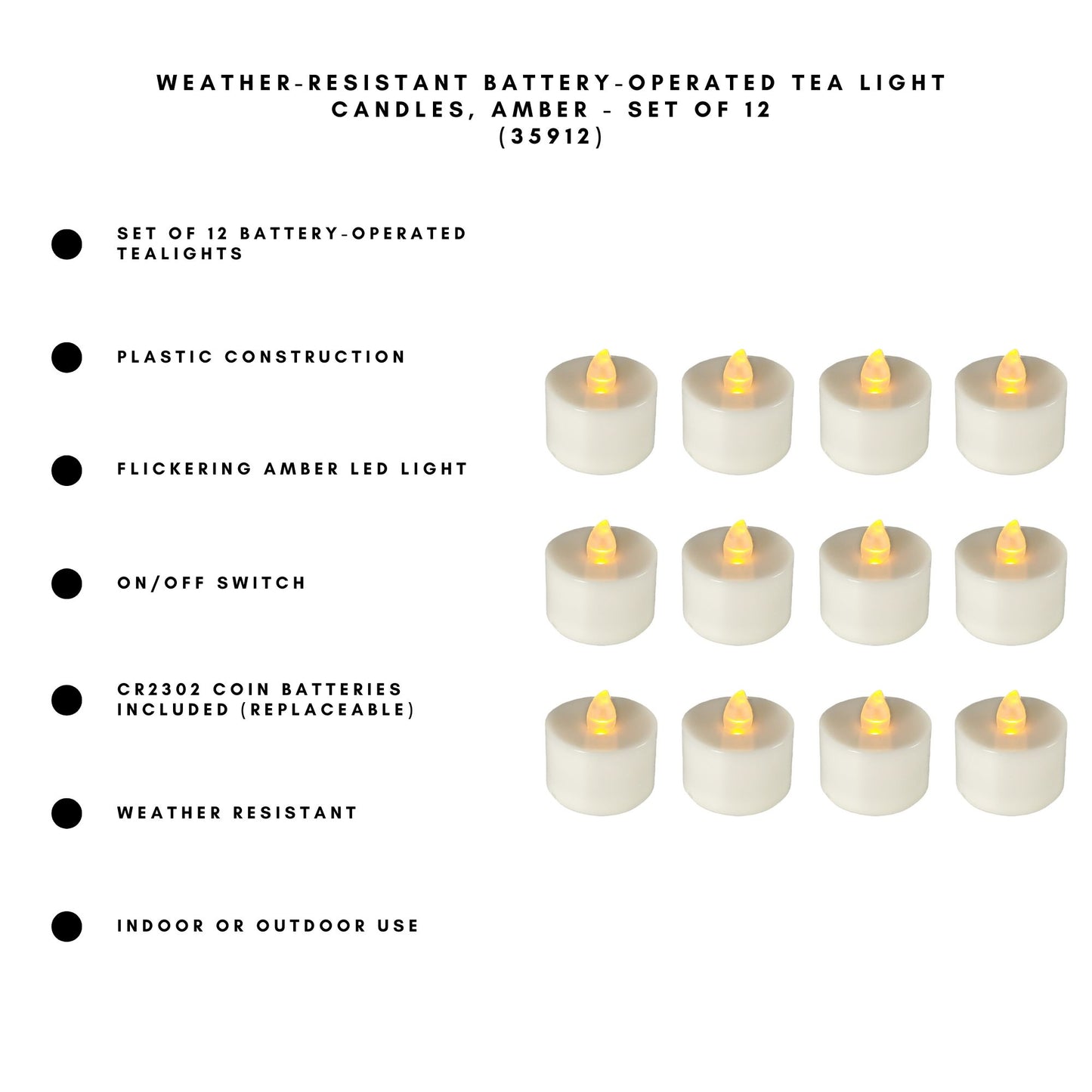 Weather-Resistant Battery-Operated Tea Light Candles, Amber - Set of 12