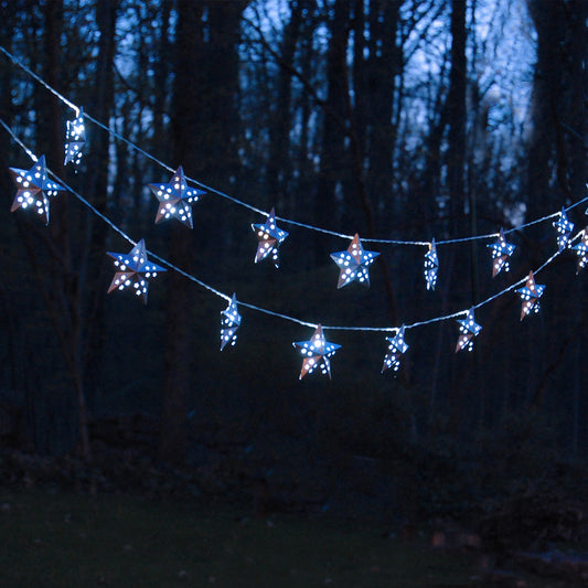 Solar-Powered String Lights with 20 Silver Metal Stars