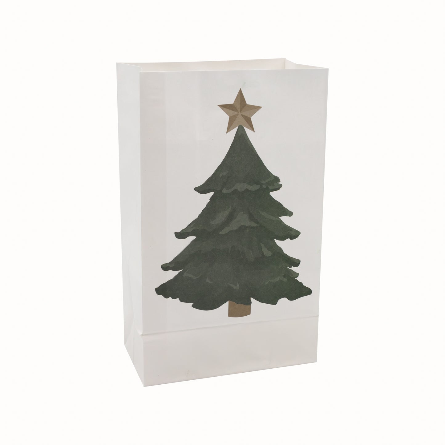 A white paper luminaria bag with a printed design of a Christmas tree and a star at the top.