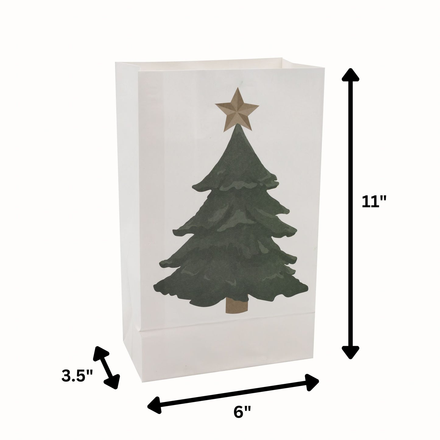 White paper luminaria bag with a green Christmas tree design and star, with dimensions indicated.