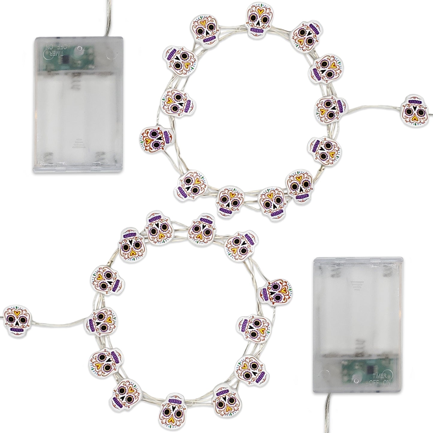 Battery-Operated LED Fairy String Lights with Sugar Skull Motif - Set of 2
