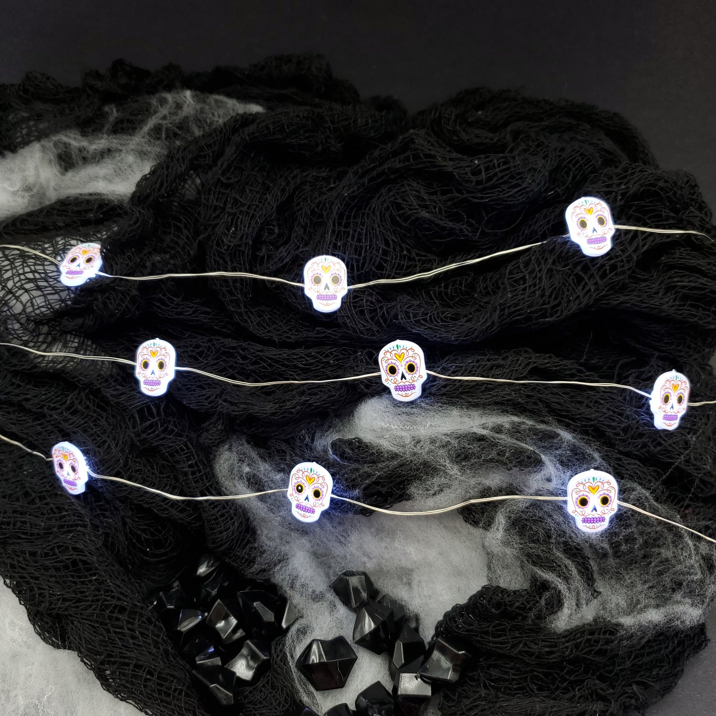 Battery-Operated LED Fairy String Lights with Sugar Skull Motif - Set of 2