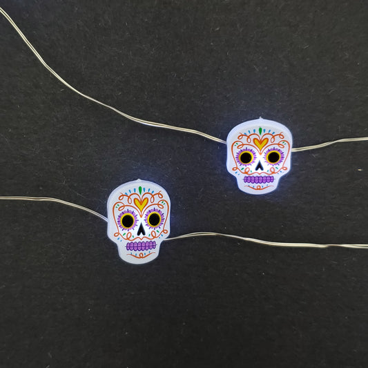 Battery-Operated LED Fairy String Lights with Sugar Skull Motif - Set of 2