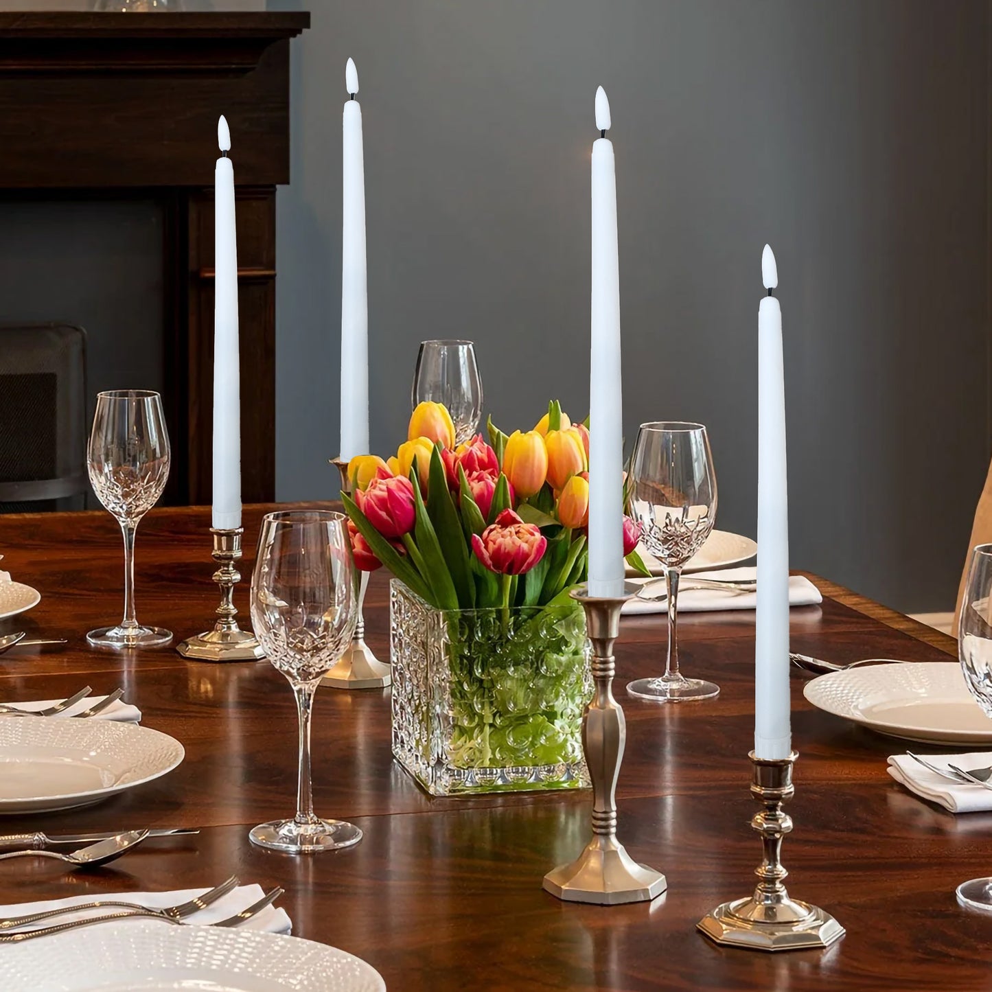Battery-Operated 3D Wick Flame Taper Candles with Remote Control - Set of 4