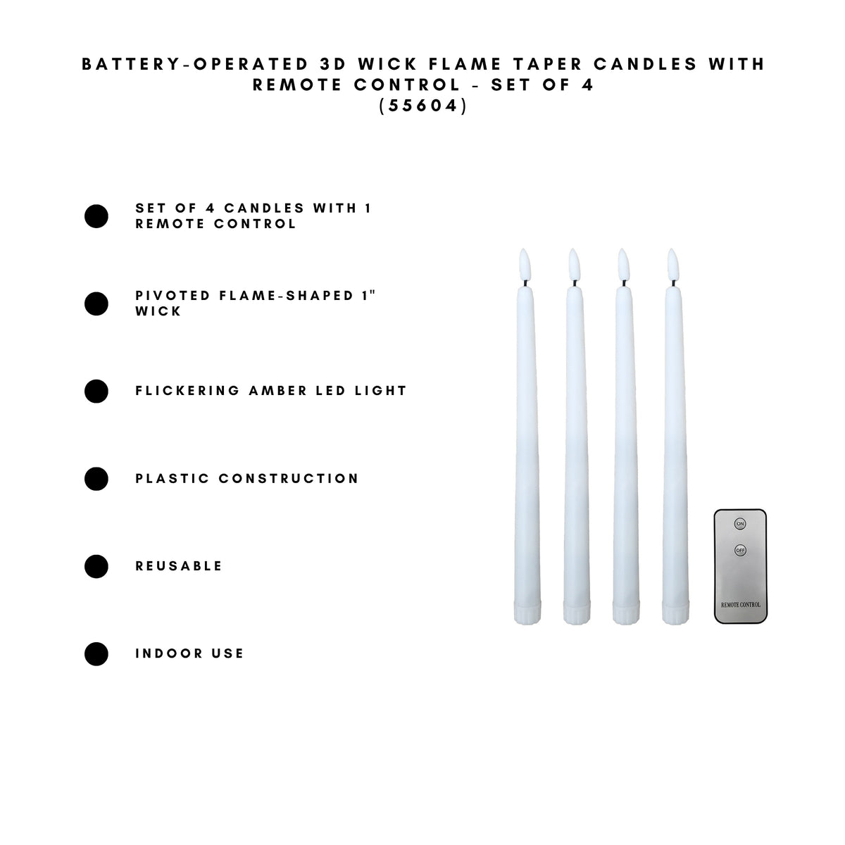 Battery-Operated 3D Wick Flame Taper Candles with Remote Control - Set of 4