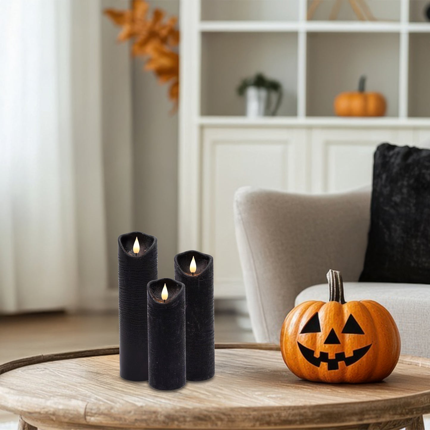 Battery Operated LED Wax Candles with Bullet Flame, Black - Set of 3