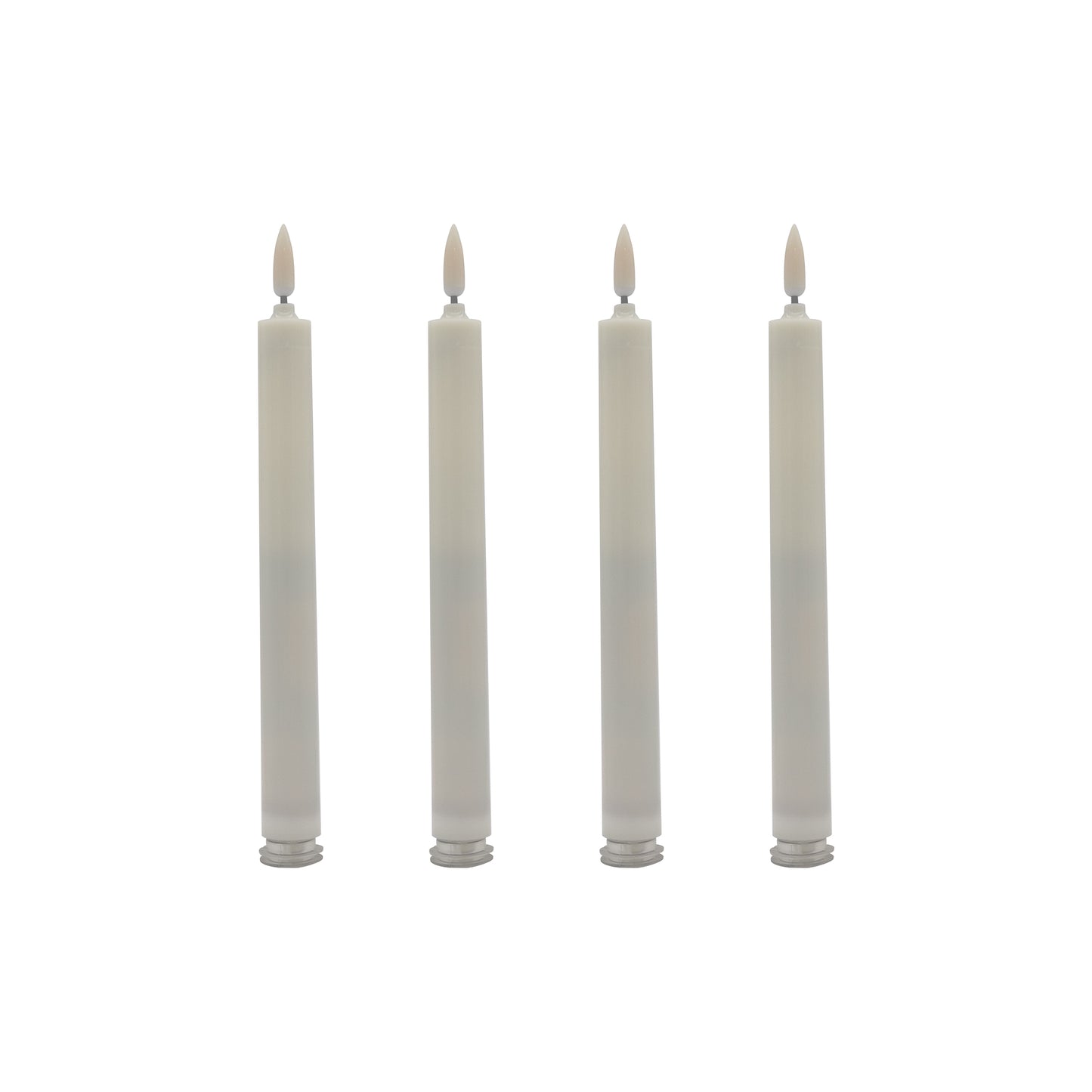 A set of four battery operated 3D wick flame taper candles with visible wicks and amber-colored flames.
