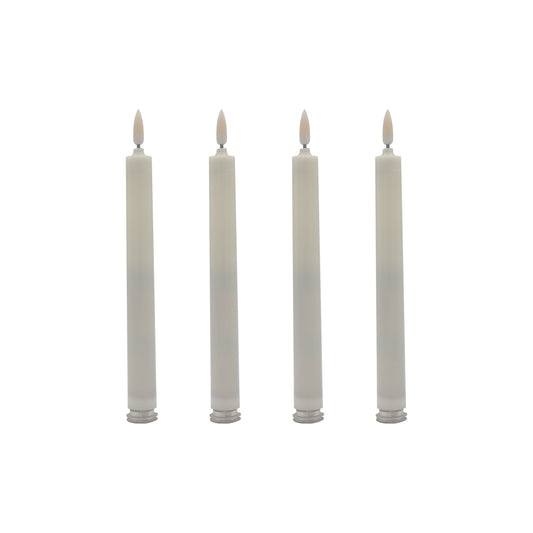 A set of four battery operated 3D wick flame taper candles with visible wicks and amber-colored flames.