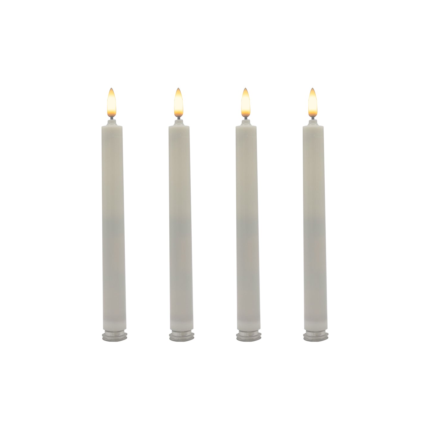 A set of four battery operated 3D wick flame taper candles with visible wicks and amber-colored flames.