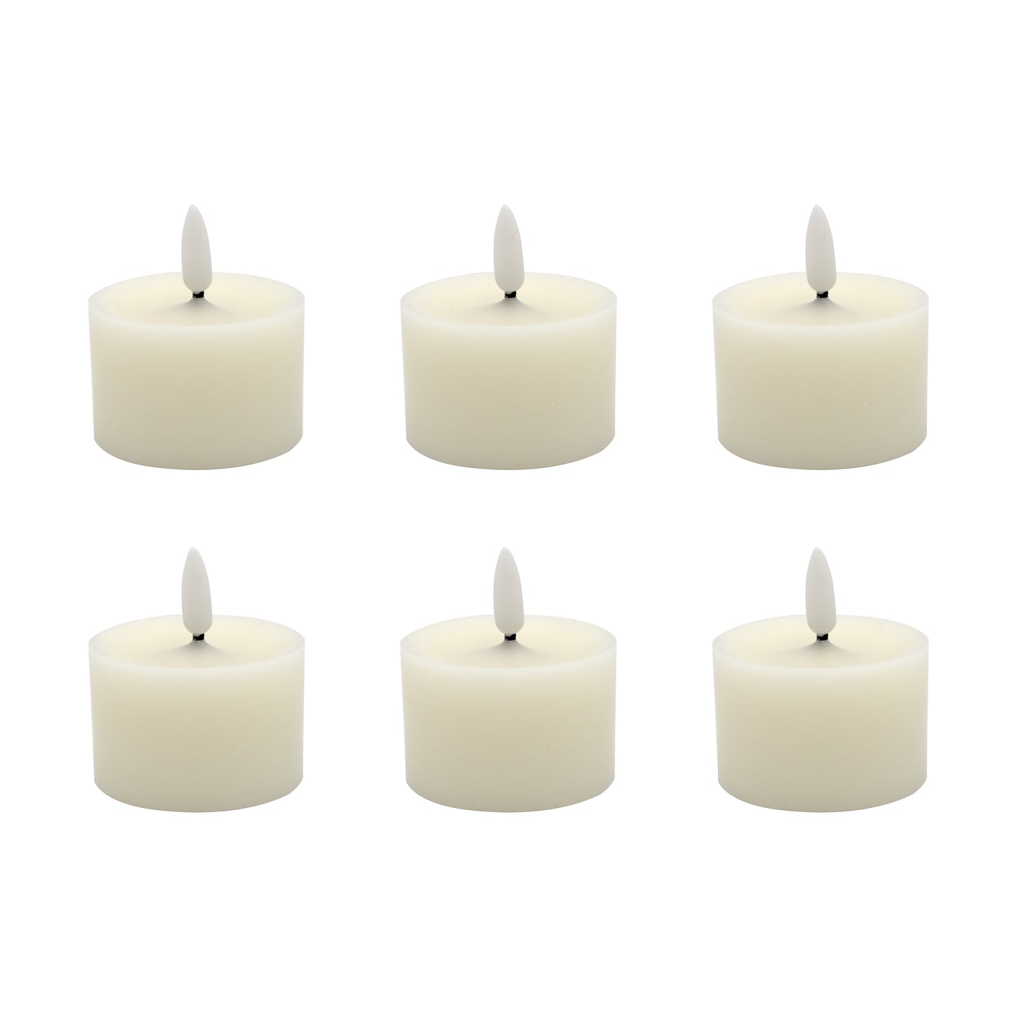 A set of six white battery-operated wax candles with a 3D wick flame at the top, designed to resemble real candles.