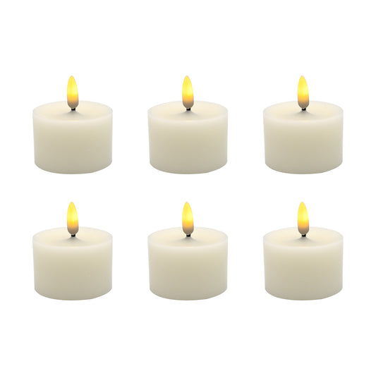 A set of six white battery-operated wax candles with an amber lit 3D wick flame at the top, designed to resemble real candles.