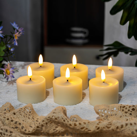 A set of six white battery-operated wax candles with an amber lit 3D wick flame at the top, designed to resemble real candles on a tabletop.