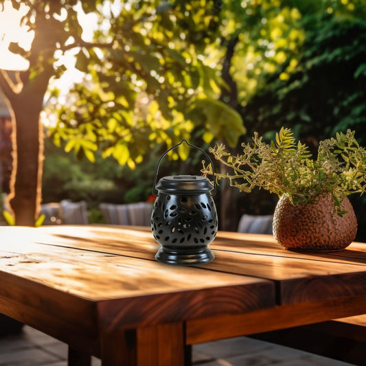 Solar-Powered Black Ceramic Lantern with LED Light