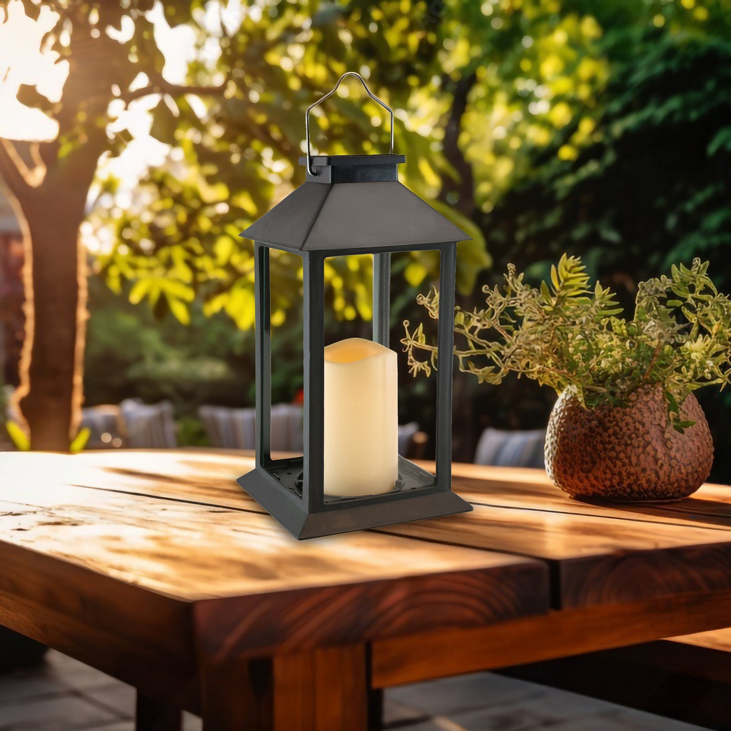 Solar-Powered Lantern with LED Candle - Traditional Black