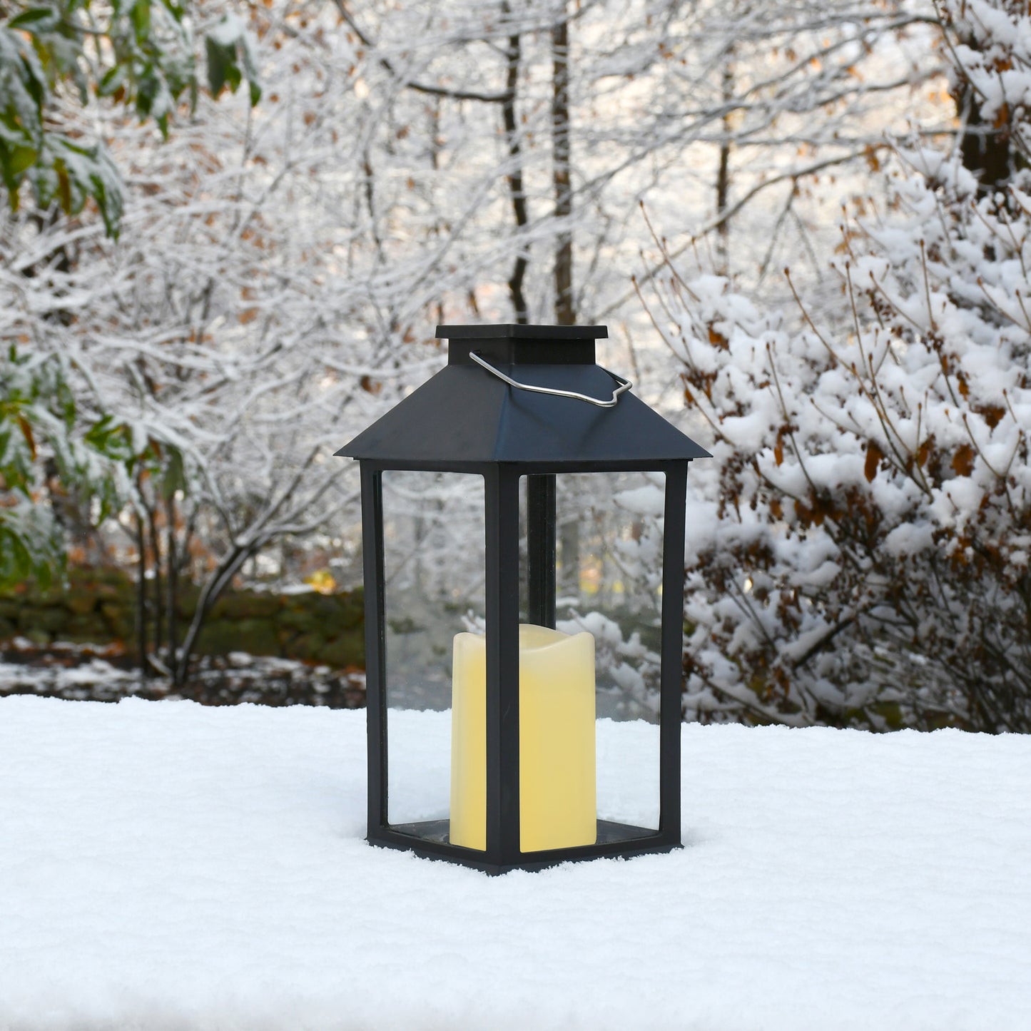 Solar-Powered Lantern with LED Candle - Traditional Black