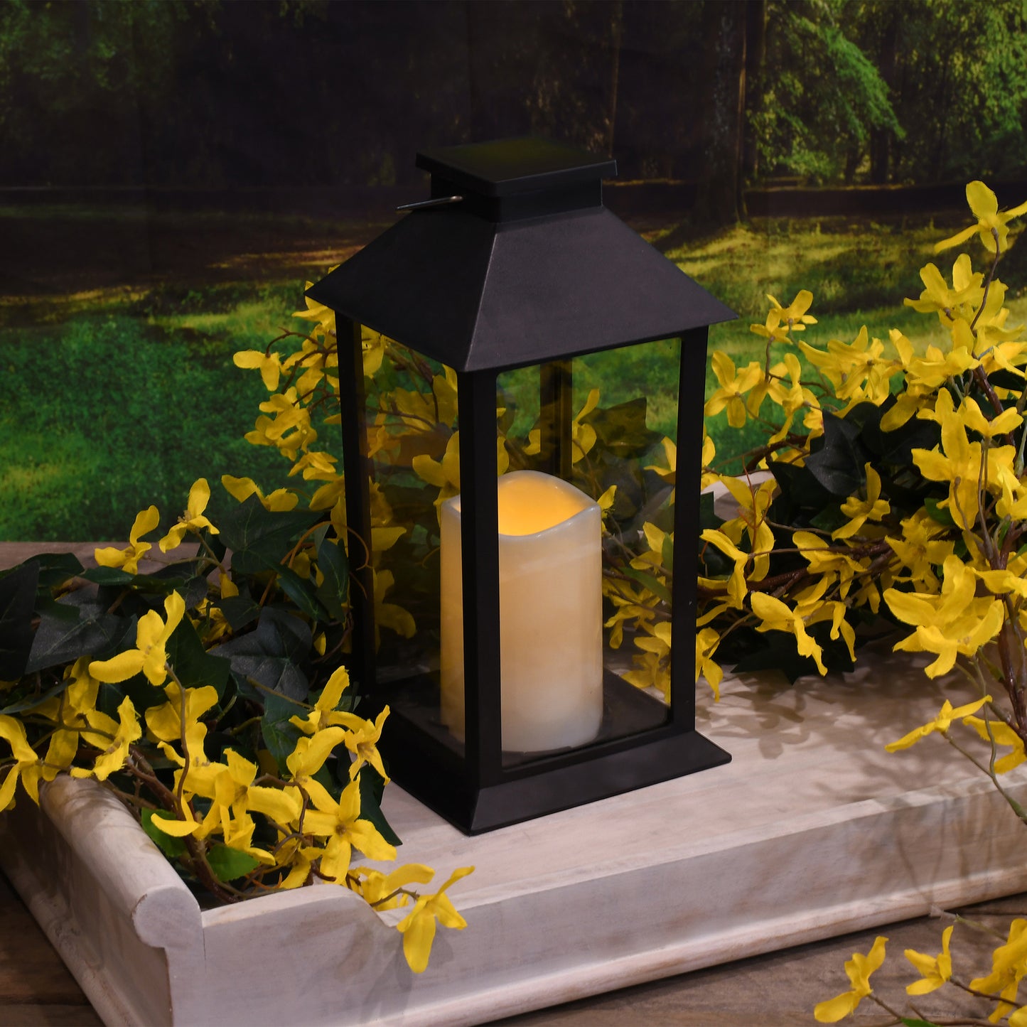 Solar-Powered Lantern with LED Candle - Traditional Black