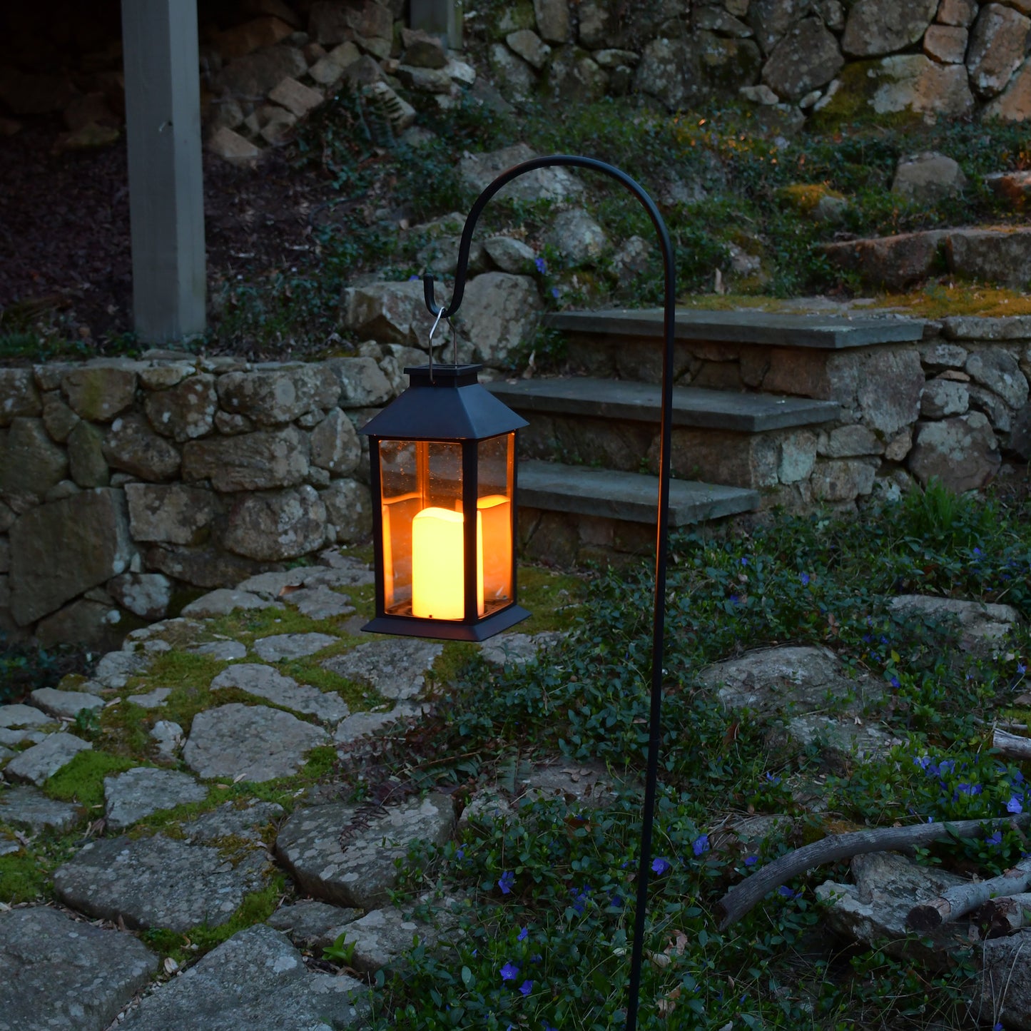 Solar-Powered Lantern with LED Candle - Traditional Black