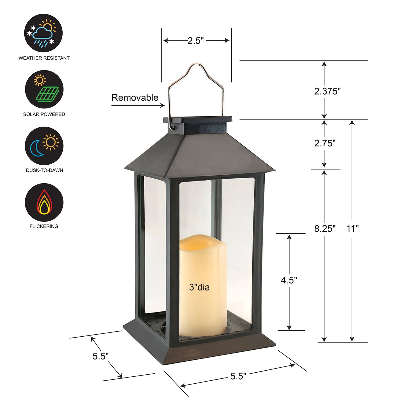 Solar-Powered Lantern with LED Candle - Traditional Black
