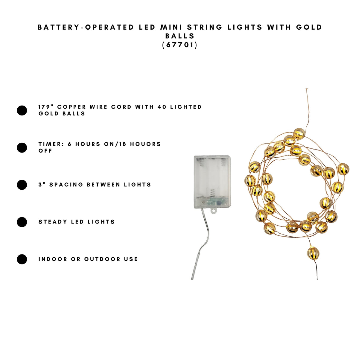 Battery-Operated LED Mini String Lights with Gold Balls